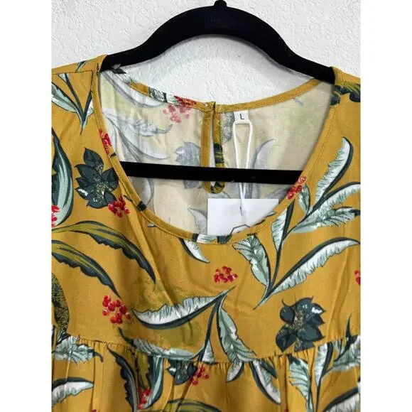 NWT Women's Long Yellow Tropical Flowy Belt Tie Dress Jumper Style Large - Picture 9 of 13